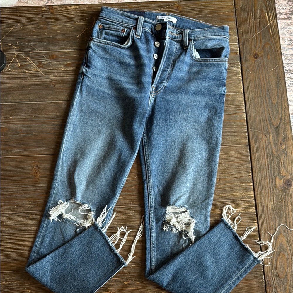 Re/Done Blue Skinny Jeans with Distressed Knees